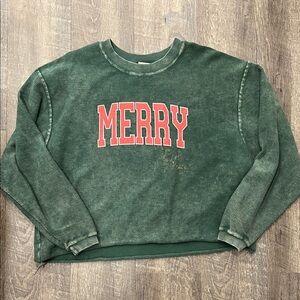 Green Corduroy Sweater with Red 'MERRY' Print